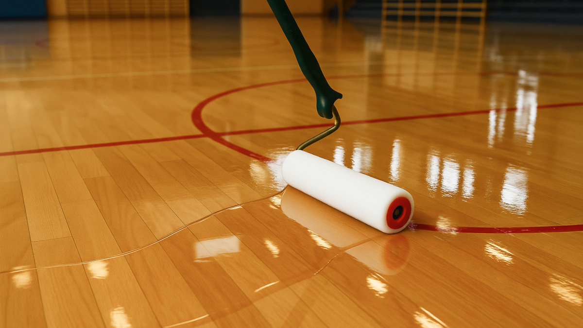 Процесс нанесения защитного лака на паркет в спортивном зале