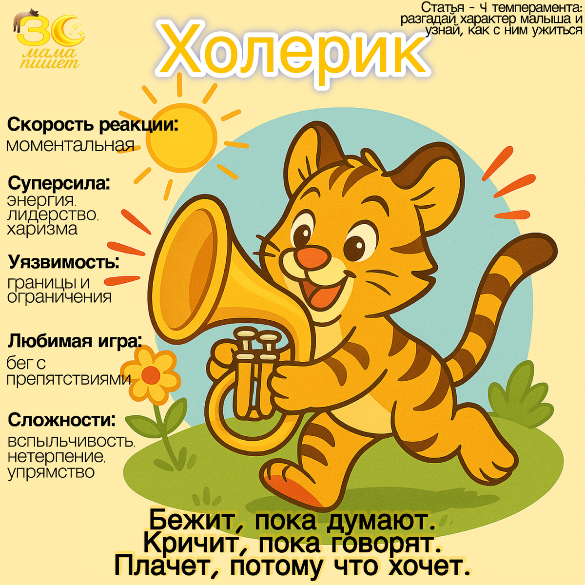 Холерик:
Эмоциональный и решительный, как этот тигрёнок, он не боится заявить о себе и проявить свои чувства ярко и страстно. Он может быстро переключаться от радости к гневу и наоборот. Он может быть требовательным и даже немного вспыльчивым, но при этом у него сильная воля и стремление к достижению целей. Нужно давать ему пространство для самовыражения, но также важно контролировать его эмоции, чтобы избежать излишнего возбуждения.
Как труба в лапах тигрёнка — его характер звучит громко, напористо и не прячется в тени, захватывая внимание с первых нот.