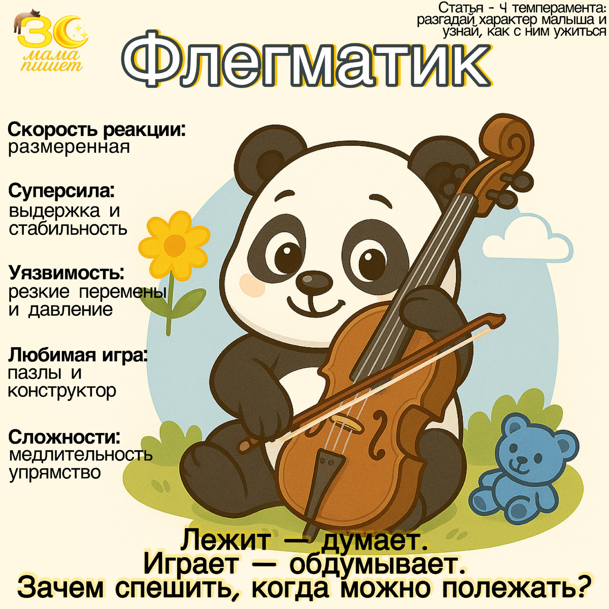 Флегматик:
Спокойный и уравновешенный, как эта панда, он не спешит и всегда знает, как создать гармонию в своей жизни. Он предпочитает стабильность и может быть не таким активным, как другие дети. Такой малыш часто нуждается в рутине и в спокойной обстановке. Для него важен личный комфорт, и его нужно поддерживать в моменты стресса. Флегматик может долго размышлять перед принятием решений и предпочитает не торопиться.
Как виолончель в лапках панды — его ритм жизни глубокий, плавный и мелодичный, наполняющий всё вокруг спокойствием и уютом.