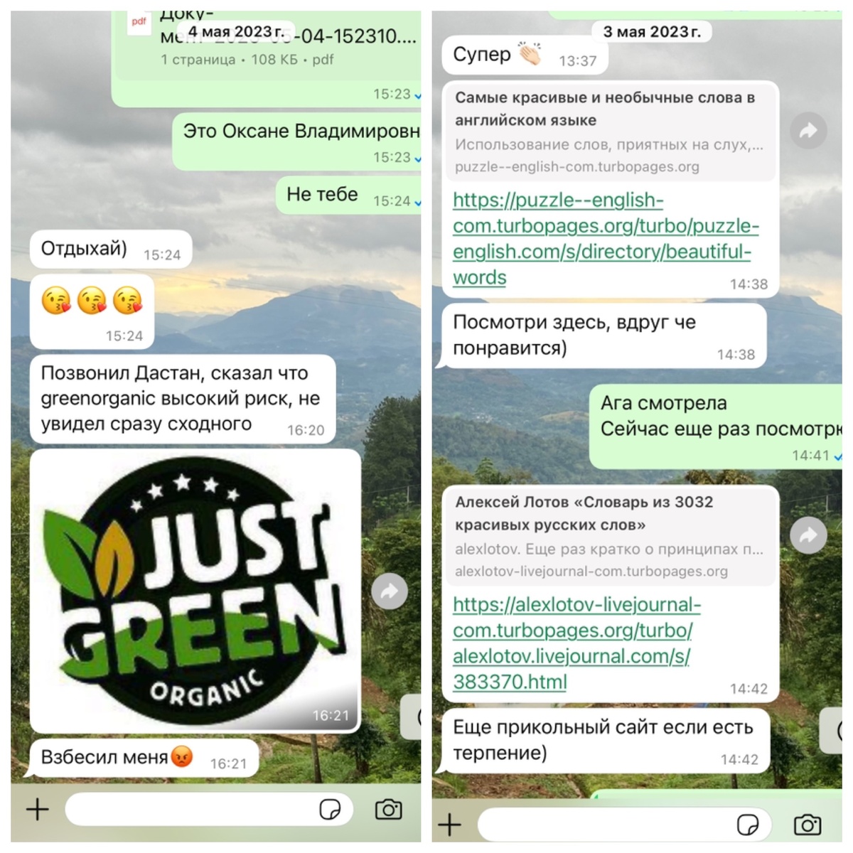 Переписка с мужем, где мы обсуждаем отказы или ищем варианты, где можно найти вдохновение. 