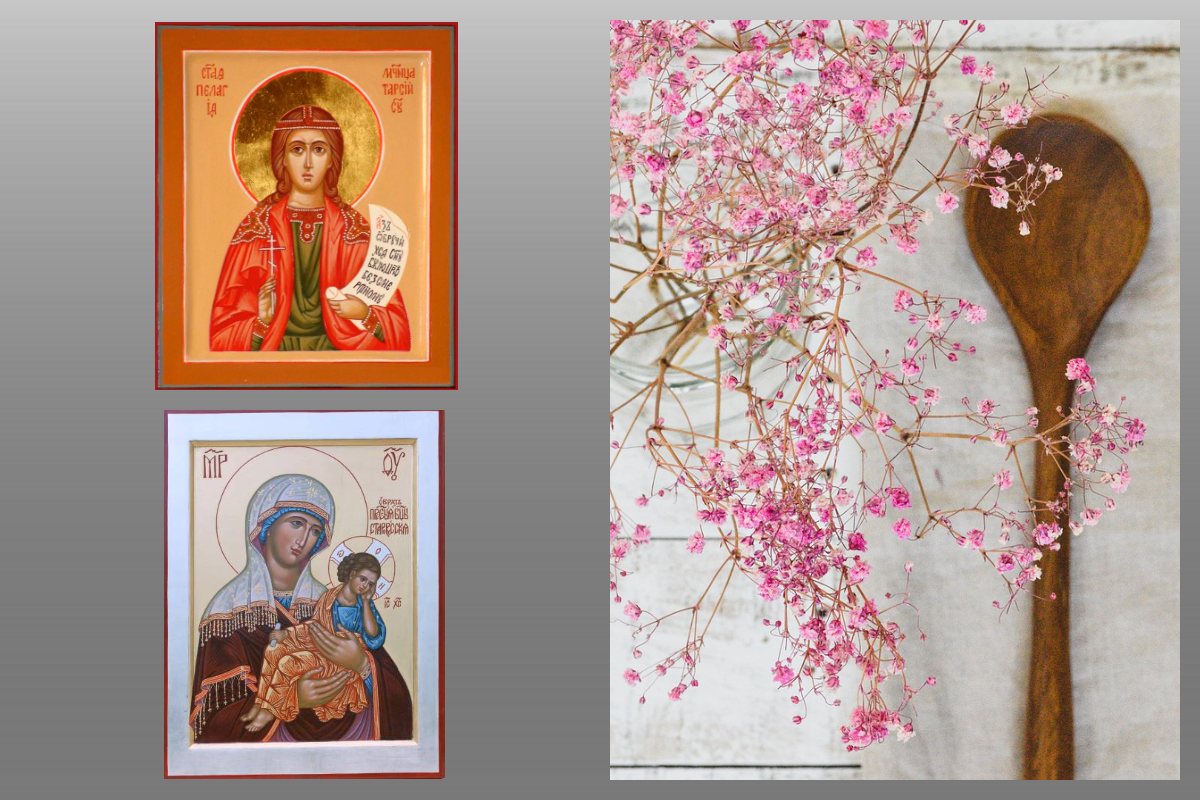 Икона Мученица Пелагия Тарсийская, Икона Богородицы Староруская/azbuka.ru, деревянная ложка/pixabay.com