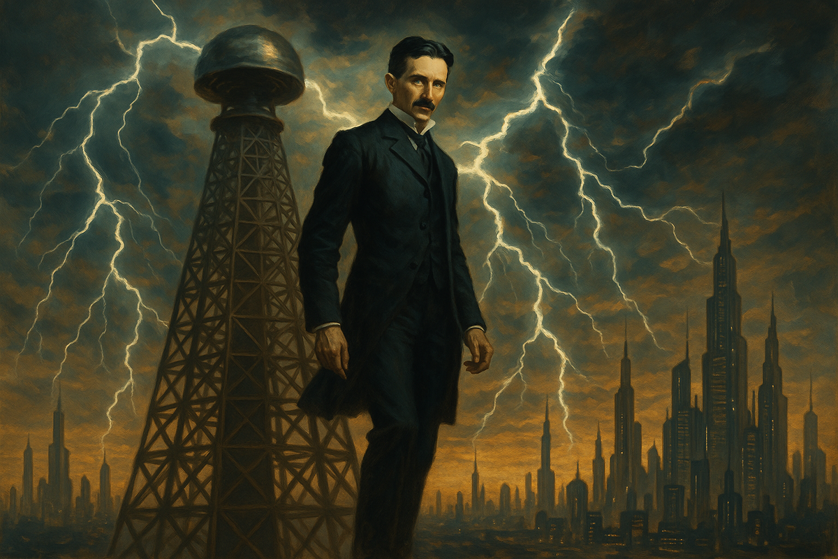 Никола Тесла на башне во время шторма — гений на грани двух эпох, в эпицентре грозы и прогресса.