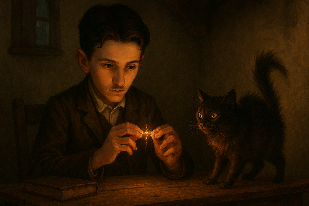 Маленький Тесла открывает электричество, играя с искрой — начало пути великого изобретателя.