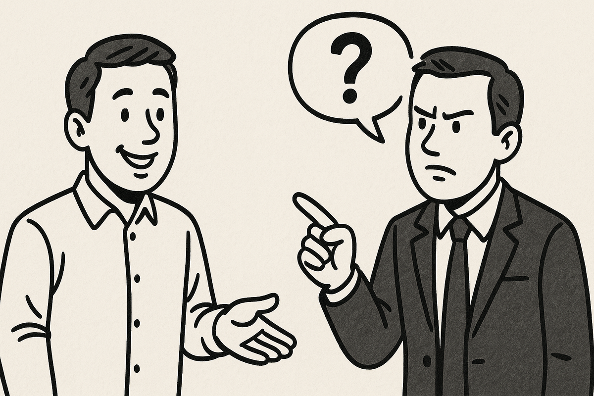 Иллюстрация двух типов собеседников: вежливо улыбающийся и серьёзно задающий вопрос