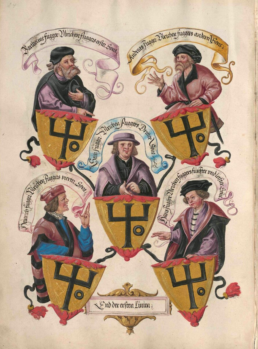 Geheimes Ehrenbuch der Fugger, hergestellt in der Werkstatt Jörg Breu d. J., 1545–1549

Portrait- und Wappendarstellung.