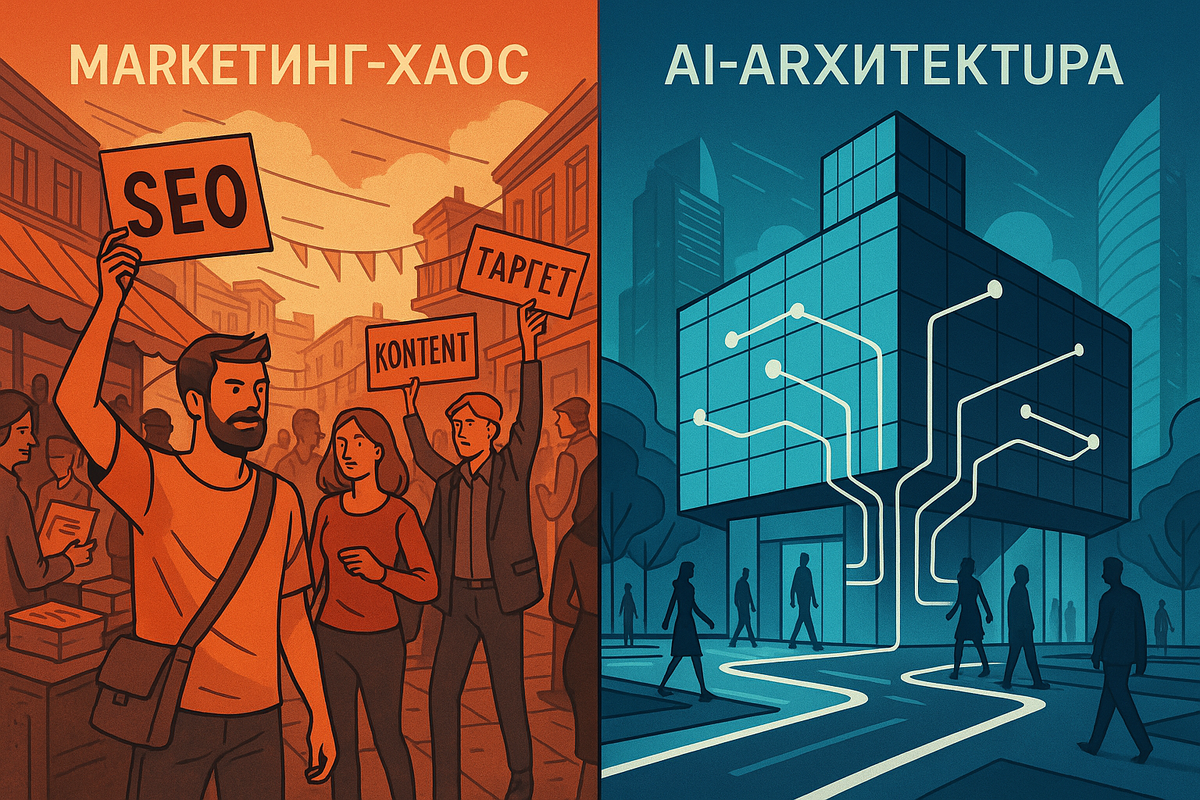 стихийный рынок, шум, подрядчики с табличками «SEO», «Таргет», «Контент»
