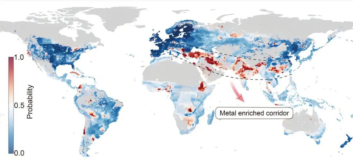 Карта распределения семи тяжелых металлов по всему миру. Источник фото: Hou et al / Science