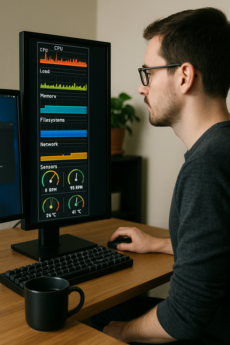 Сисадмин в домашнем кабинете внимательно следит за цветными графиками GKrellM на вертикальном мониторе, рядом — кружка кофе и второй экран с терминалом.
