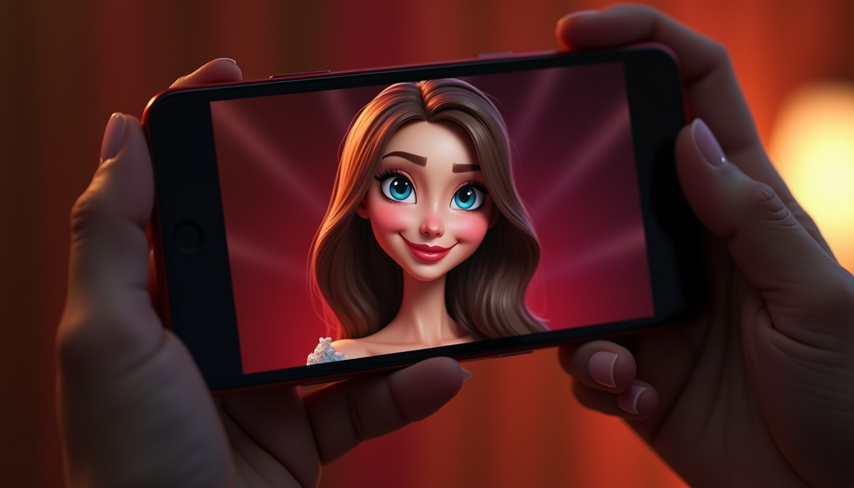 AI персонаж созданный ИИ ведет шоу с экрана смартфона.