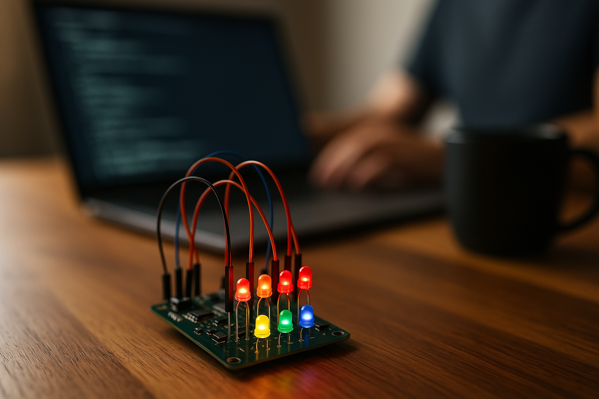 Миниатюрная плата с «мигающими» светодиодами-нейронами на столе программиста — метафора компактной Машины Больцмана, способной генерировать данные без учителя.