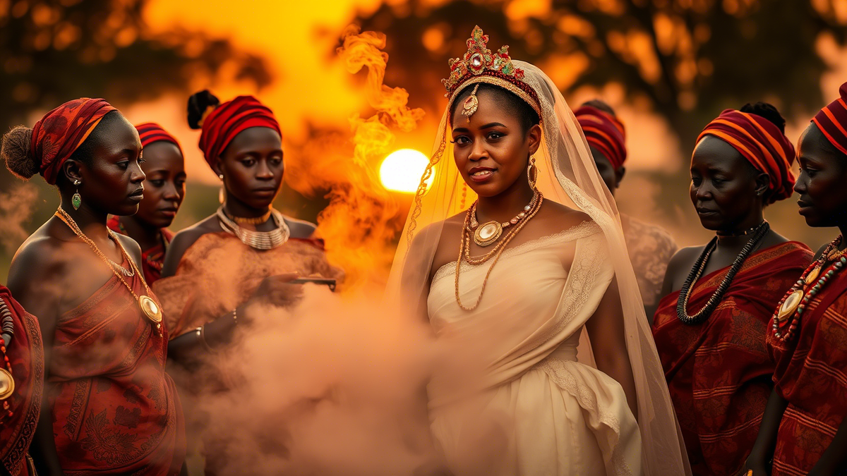 Танзанийская невеста в традиционном наряде, окруженная женщинами племени,