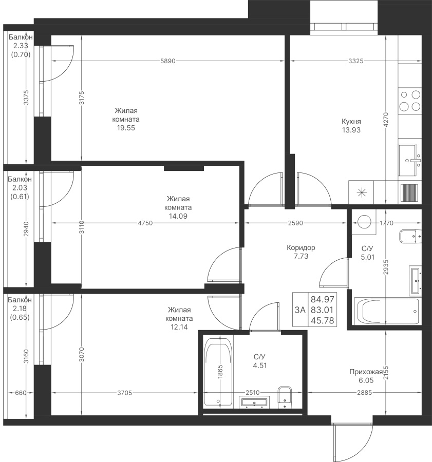 На изображении представлен план квартиры. На плане обозначены различные комнаты, такие как кухня, гостиная, спальни, санузел и прихожая. Также указаны размеры комнат и расположение дверей и окон. Это схематическое представление планировки квартиры, используемое в архитектуре и дизайне интерьеров.