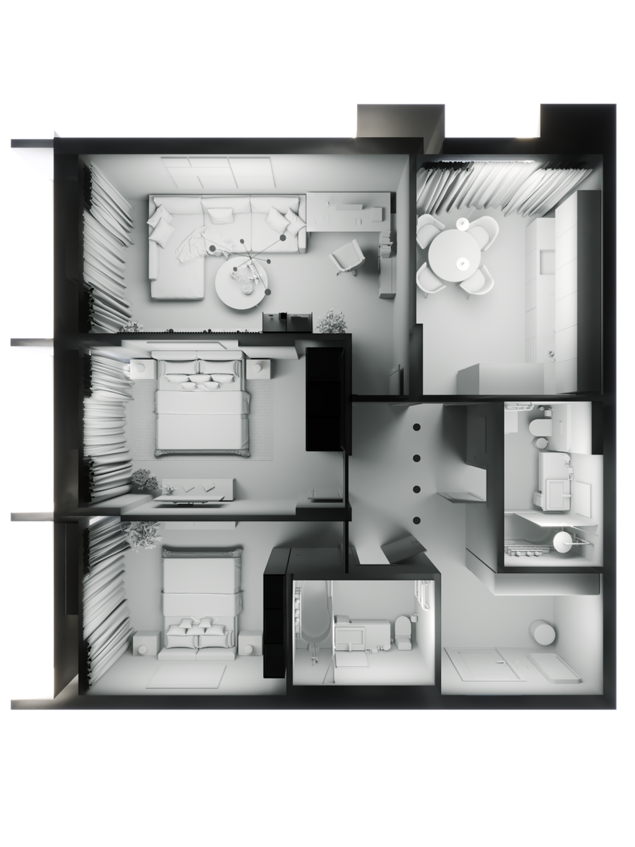 На изображении представлен вид сверху на 3D макет квартиры, выполненный в черно-белых тонах. В макете можно различить комнаты, мебель и другие детали интерьера. 