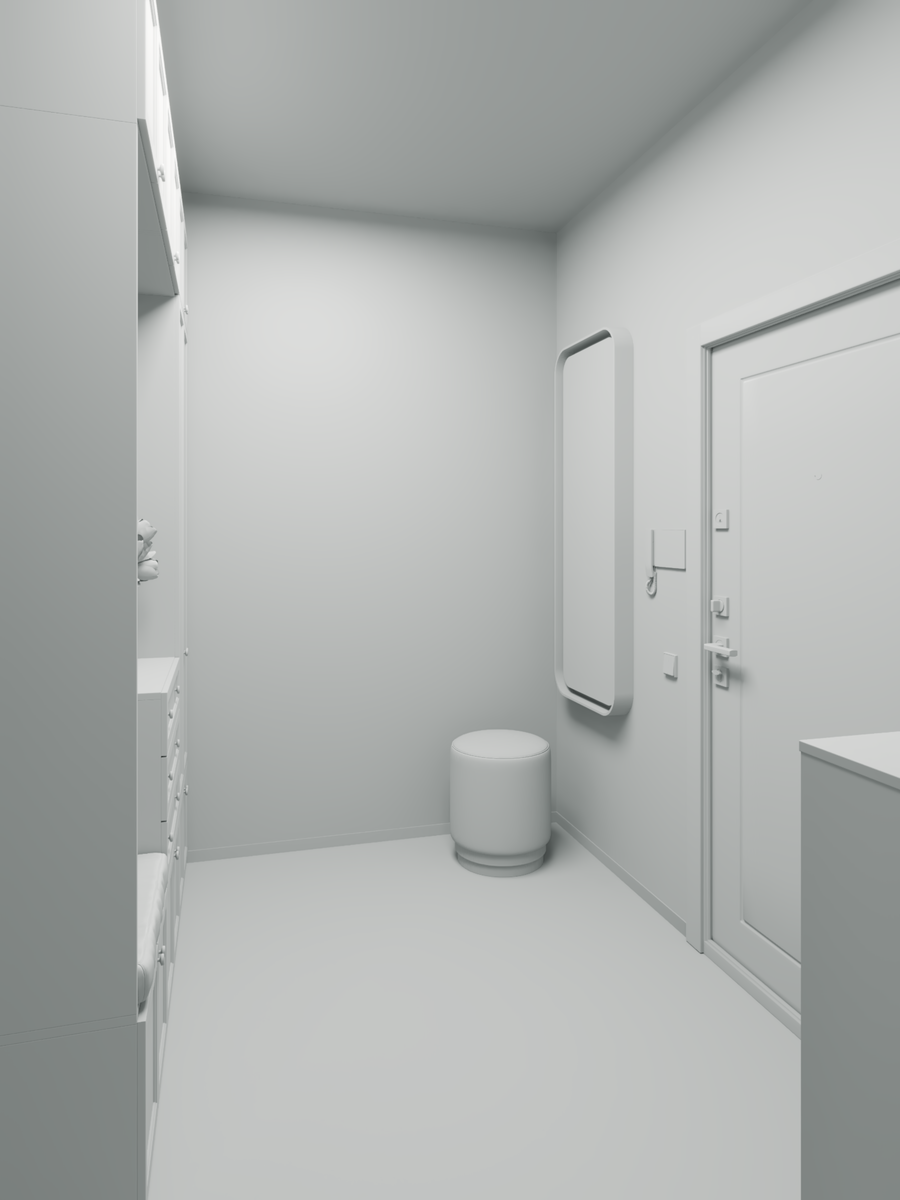 Интерьерный снимок просторного коридора с различными элементами мебели.
Композиция сцены характеризуется линейным расположением элементов, включая шкафы, тумбы, пуфик и зеркало, которые выстроены вдоль стен коридора.  Пространство коридора создает ощущение простора и минимализма.  Освещение равномерное и рассеянное, создавая спокойную атмосферу без резких теней.
Ключевые элементы включают в себя:  стеновые шкафы, тумбы, стул и зеркало,  расположенные вдоль стен коридора, создающие ощущение порядка и функциональности.
Художественный метод, используемый в представлении, - это 3D-моделирование, демонстрирующее использование цифровых инструментов для создания изображений. Стиль отличается минимализмом, простотой линий и нейтральной палитрой цветов.