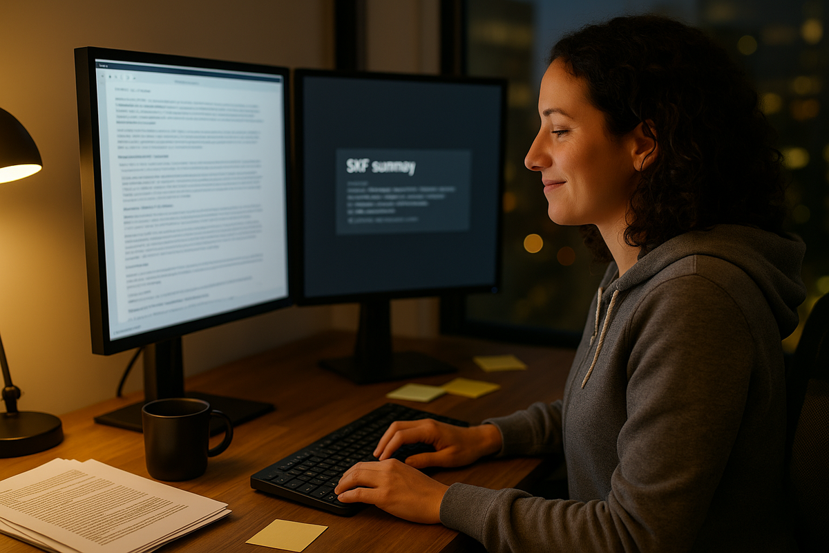 Разработчица за двумя мониторами сравнивает объёмную документацию с компактным ИИ-резюме, демонстрируя мощь llm-min.txt для сжатия технических текстов.