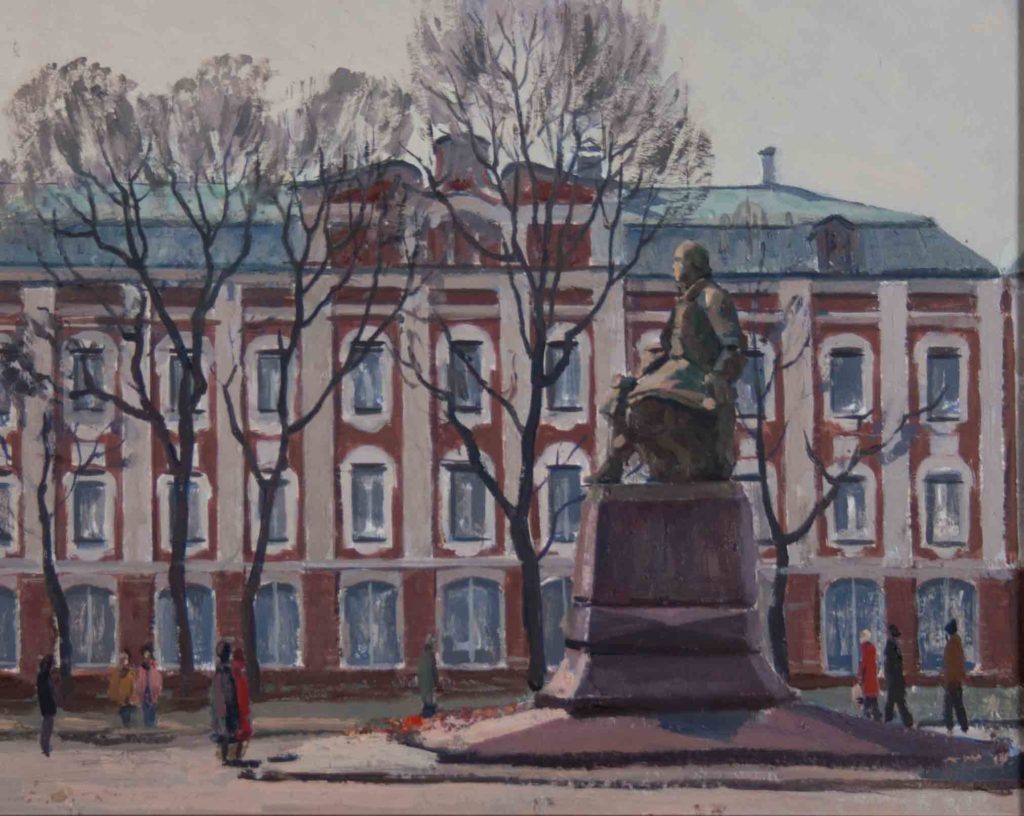 Е.Д. Падва. «Ленинград. Университет». Картон, масло. 1988 г.