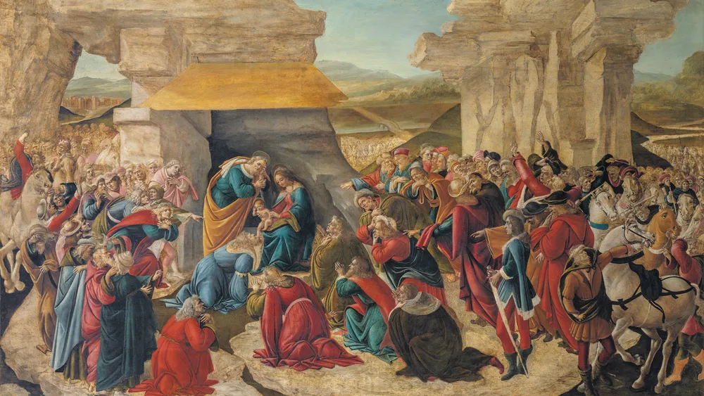 Сандро Боттичелли (итальянец, Флоренция, ок. 1445–1510),  Поклонение волхвов (фрагмент) ,  ок. 1500–1506. Темпера на панели тополя, 42 5/16 × 68 1/8 дюйма (107,5 × 173 см). Галерея дельи Уффици