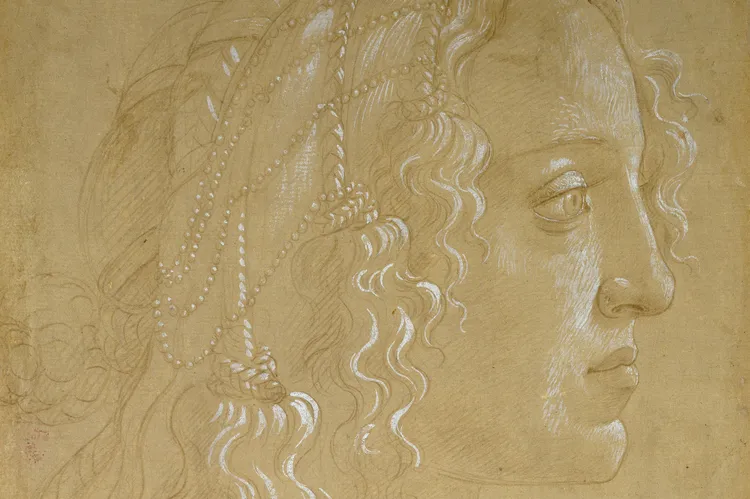 Сандро Боттичелли, этюд к портрету дамы в профиль вправо (фрагмент, лицевая сторона), около 1485 г. Серебряный штифт, усиленный белилами, на желто-охристой подготовленной бумаге (лицевая сторона), 13 3/8 x 9 дюймов (34 x 23 см). Музей искусства и археологии Эшмола, Оксфорд, Великобритания, Вашингтон, 1863.613