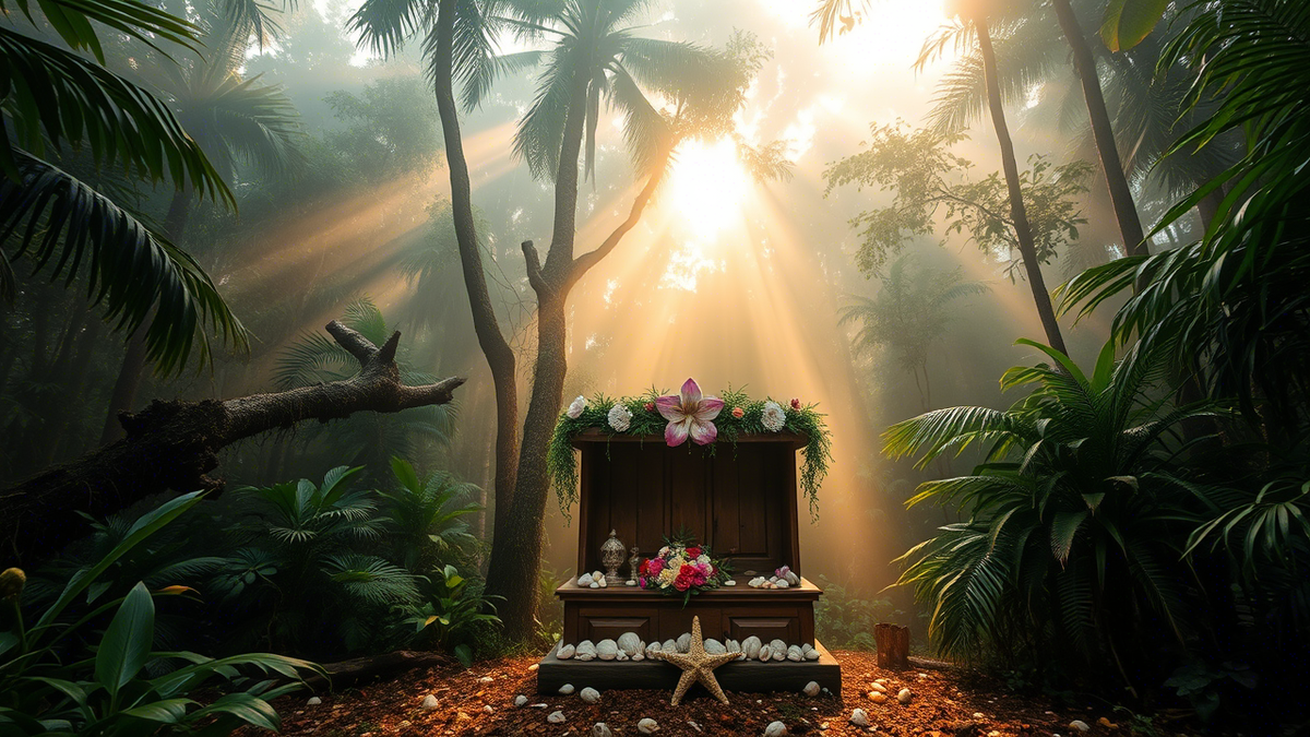 старый деревянный алтарь, украшенный цветами и ракушками