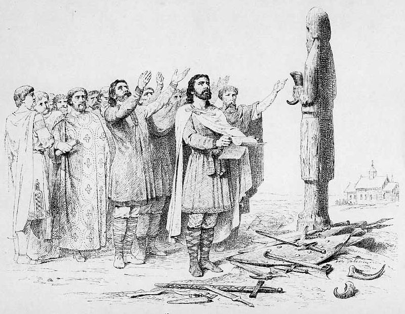 Князь Игорь и его дружина клянутся перед идолом Перуна, сложив своё оружие. Иллюстрация художника В. П. Верещагина из альбома «История Государства Российского в изображениях державных его правителей с кратким пояснительным текстом», 1896