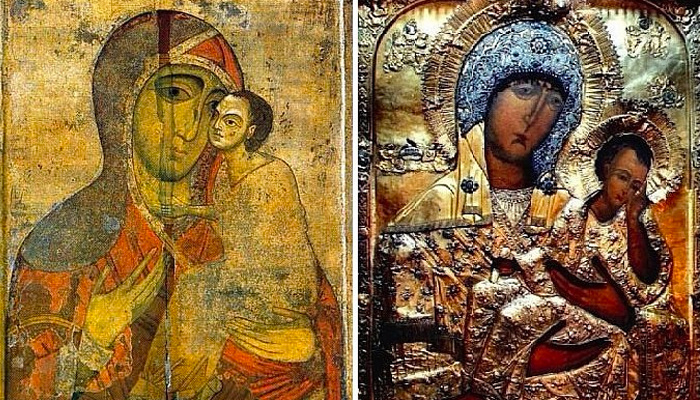    ДВА СПИСКА СТАРОРУССКОЙ ИКОНЫ ПРЕСВЯТОЙ БОГОРОДИЦЫ. ФОТО: WWW.PRAVOSLAVIE.RU