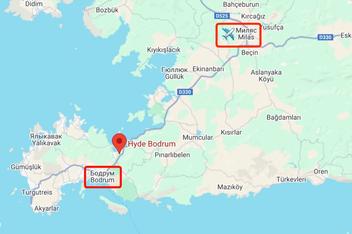 Расположение Hyde Bodrum Adult Only 5* относительно города Бодрум и аэропорта.