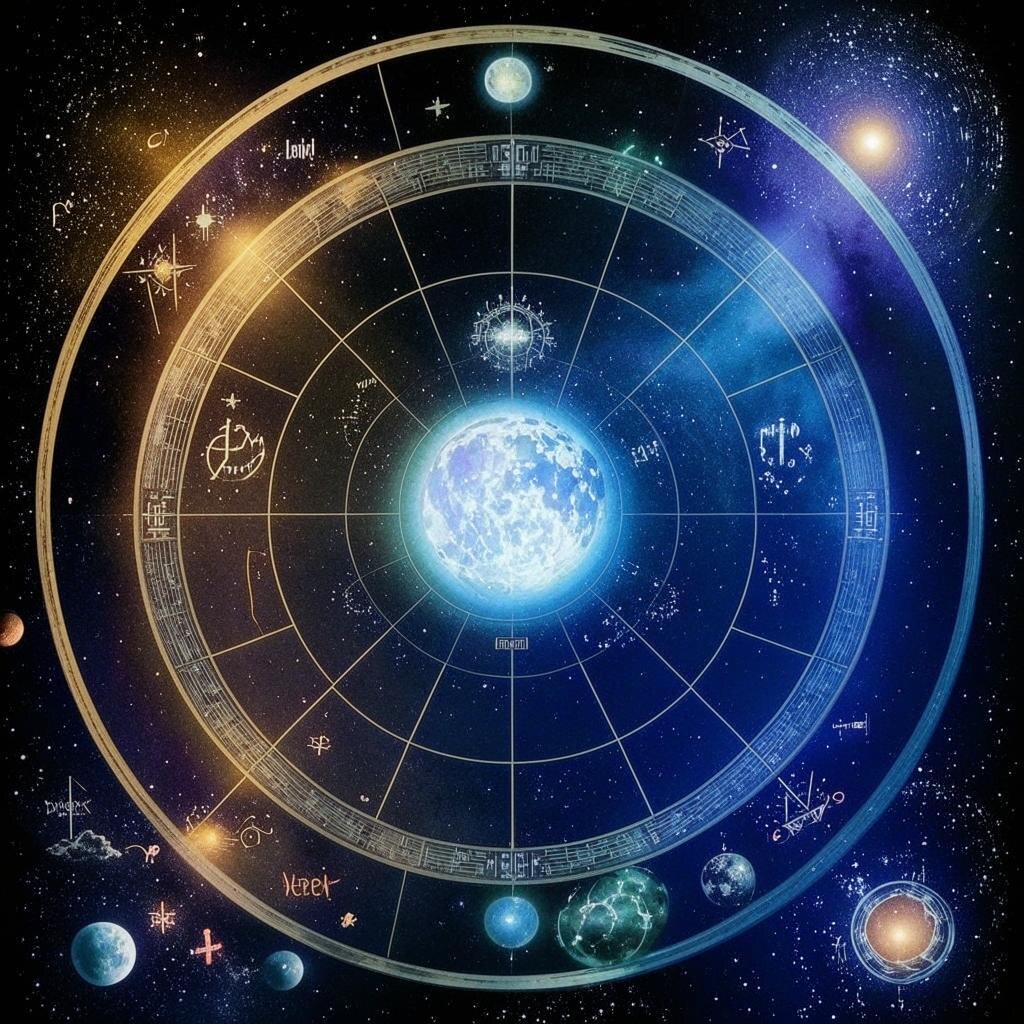 "Созвездия зодиака и магическая карта судьбы на фоне ночного неба. Астрология, мистика, предсказания."