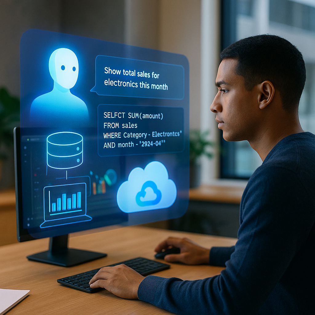 Реалистичная сцена в современном офисе — аналитик данных наблюдает проекцию ИИ-ассистента, который «переводит» задаваемый вслух вопрос в сияющий SQL-запрос, направляющийся в облачную базу данных на экране.