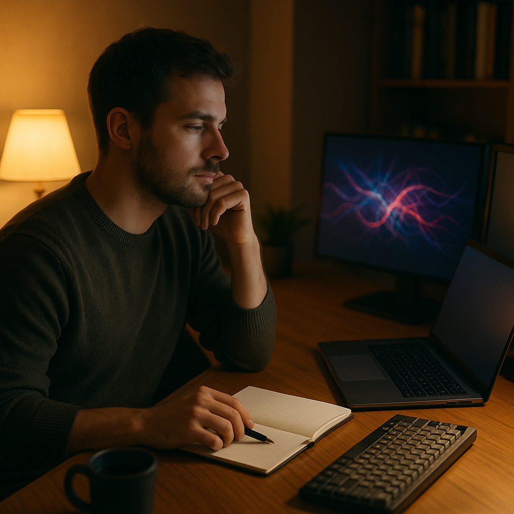 Автор задумчиво сидит за тёпло-освещённым столом с блокнотом и кружкой, глядя на ноутбук; рядом монитор показывает абстрактную визуализацию нейросети без текста, подчёркивая его размышления о влиянии ИИ на собственное мышление.