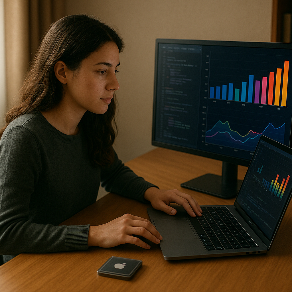 Разработчица за MacBook Pro на Apple Silicon изучает на внешнем мониторе цветные графики производительности — визуальный акцент на том, как KVSplit позволяет более длинные контексты без роста памяти.