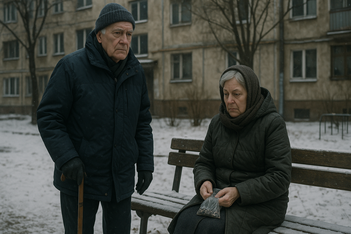 Пожилой мужчина в зимней куртке и вязаной шапке стоит с тростью во дворе старой пятиэтажки, рядом на скамейке сидит женщина в тёплой одежде с платком на голове и пакетом семечек в руках.