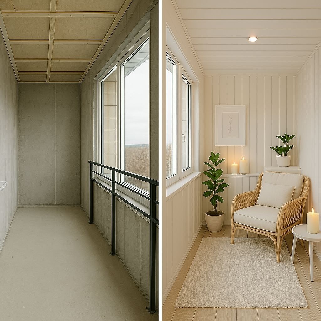 Отделка балкона до/после