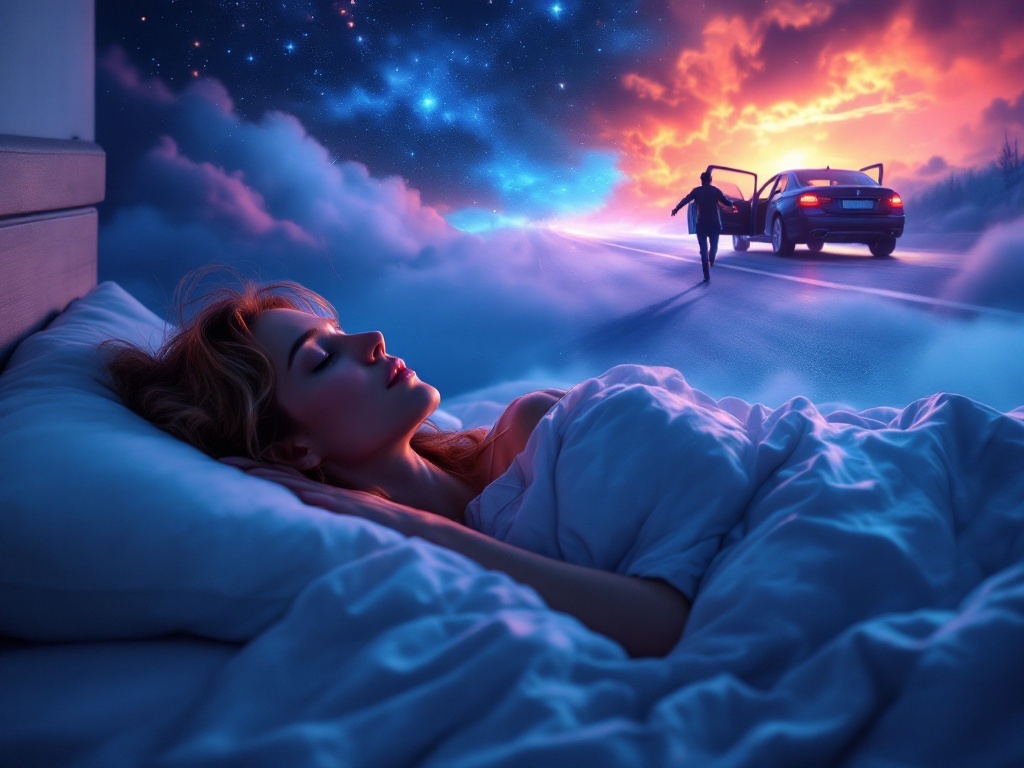    К чему такое снится: На картине изображена дорожная сцена: автомобиль с открытой дверью, из которого выпрыгивает человек. Вдалеке виден Владимир, начинающий погоню. Фигура человека в дви