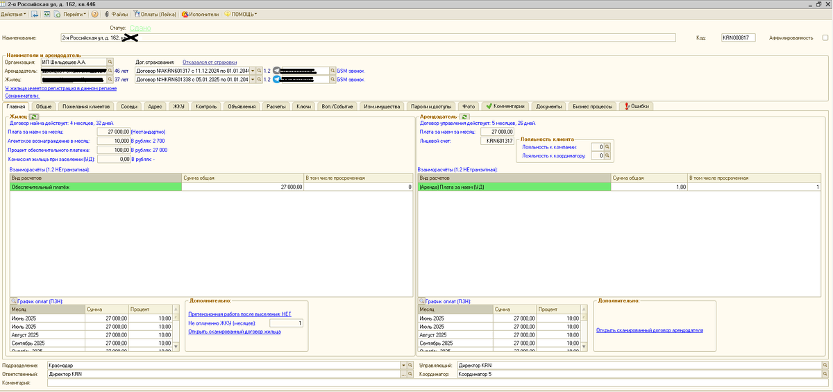 Это пример карточки помещения в долгосроке. Управляющий и его помощник отсюда видят все, что касается помещения.