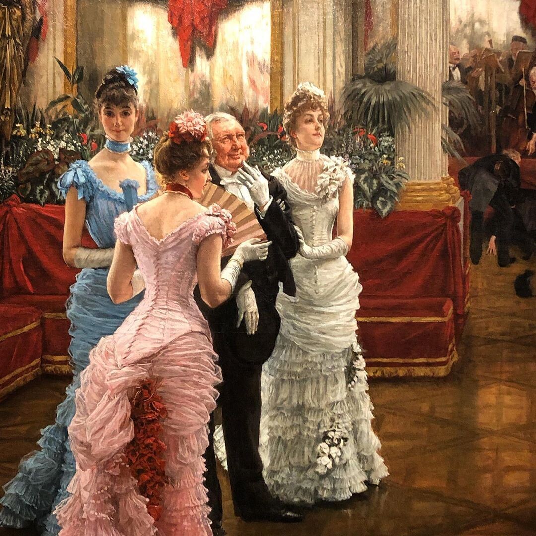 Дамы на балу в платьях с турнюрами. (Провинциальные девицы. Джеймс Тюссо. 1885)