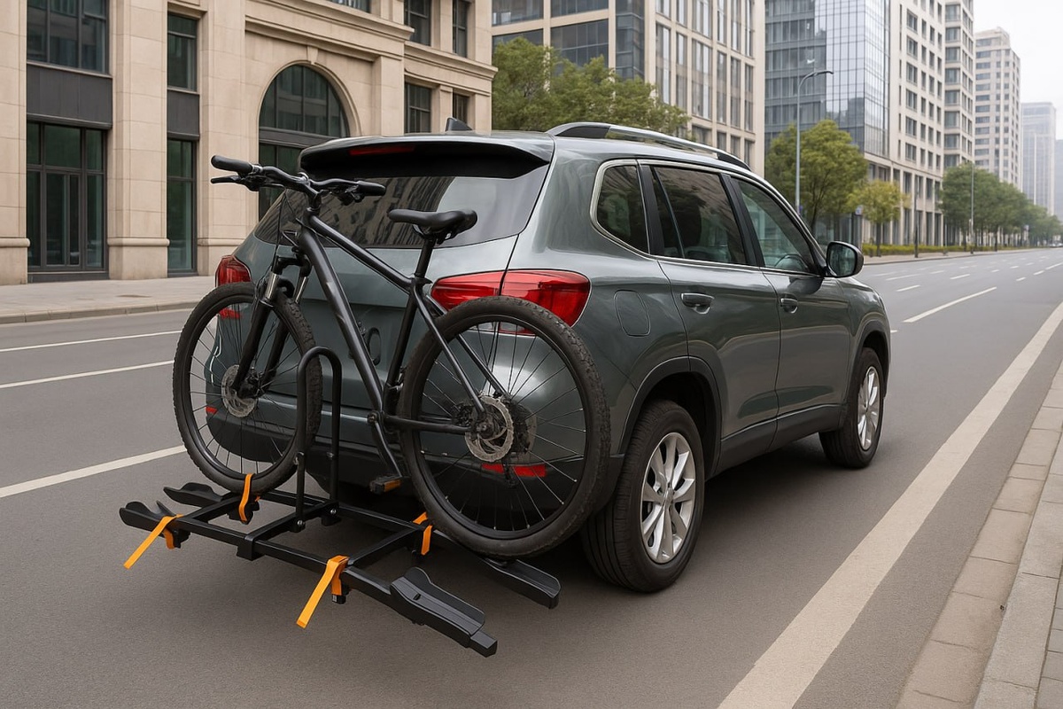 Велобагажник на фаркоп для перевозки двух велосипедов на автомобиле, стальная конструкция с антикоррозийным покрытием, нагрузка 60 кг