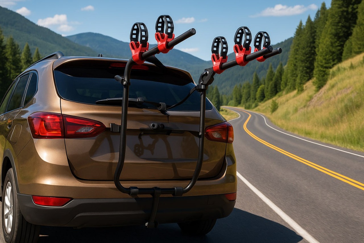 3-велосипедное крепление на багажник авто — стальная рама с защитными прокладками, нагрузка 45 кг
