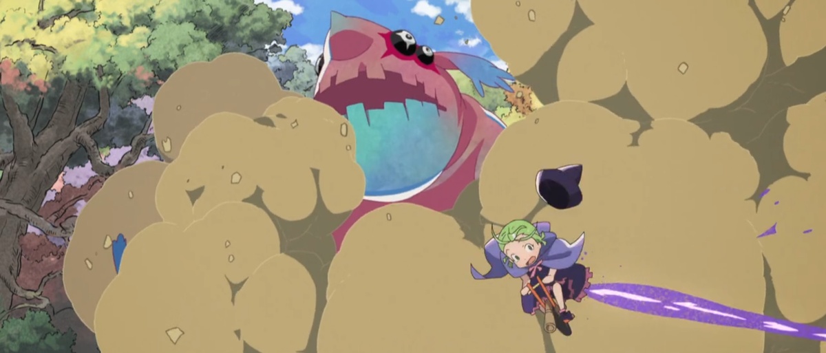 Ёё пыталась своими заклинаниями сдерживать монстра, но он был довольно сильным и пробивал магию девочки, "стреляя" струями воды. Ёё лавировала стараясь не попасть под них, но одна всё же сбила с палки метлу. И девочка стала падать прямо на монстра.