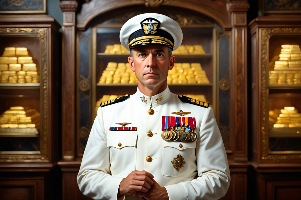 Так в представлении художника мог выглядеть адмирал Колчак на фоне золотого запаса империи, который попал ему в руки.