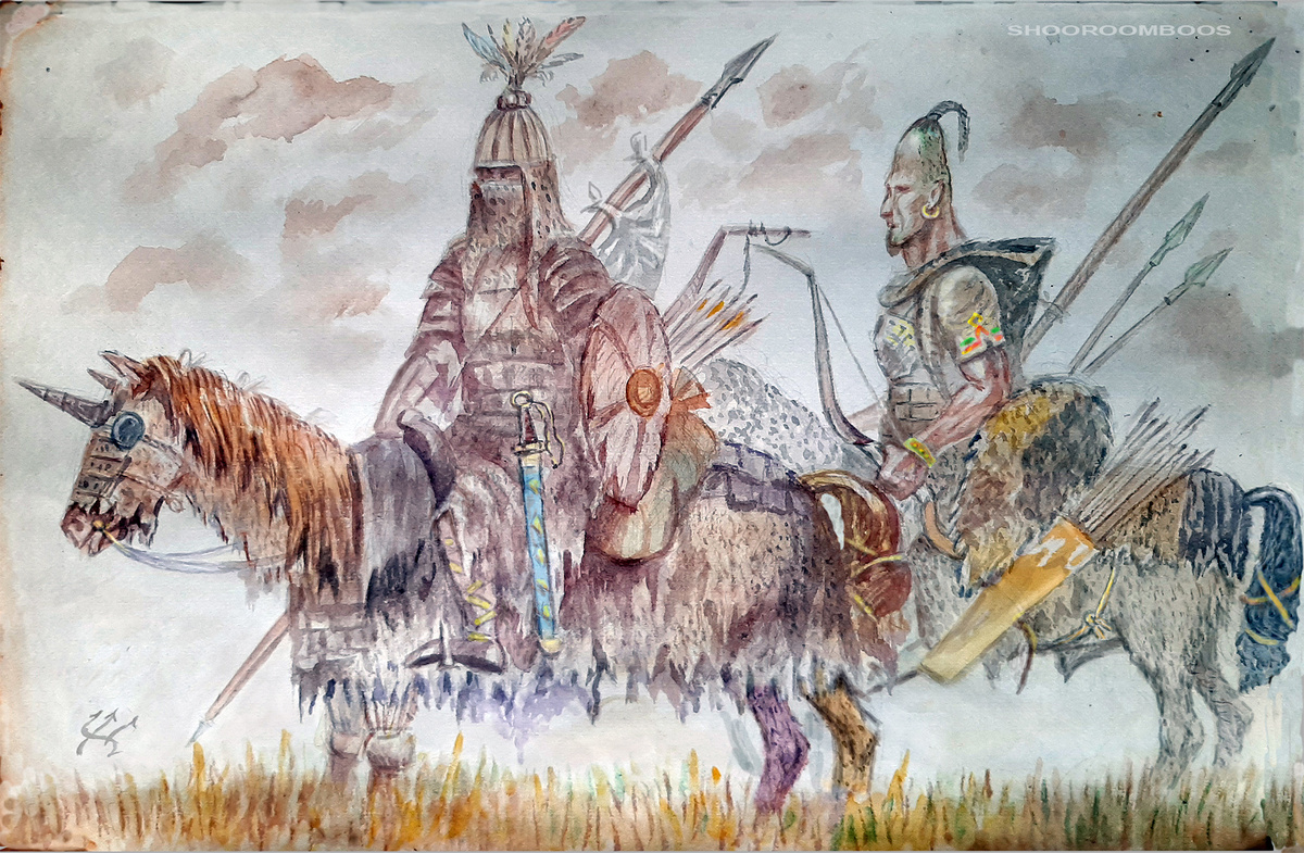 степные воины гунны-огуры (огурцы, возможно скифы и сарматы, рис. Шуръмбусь)