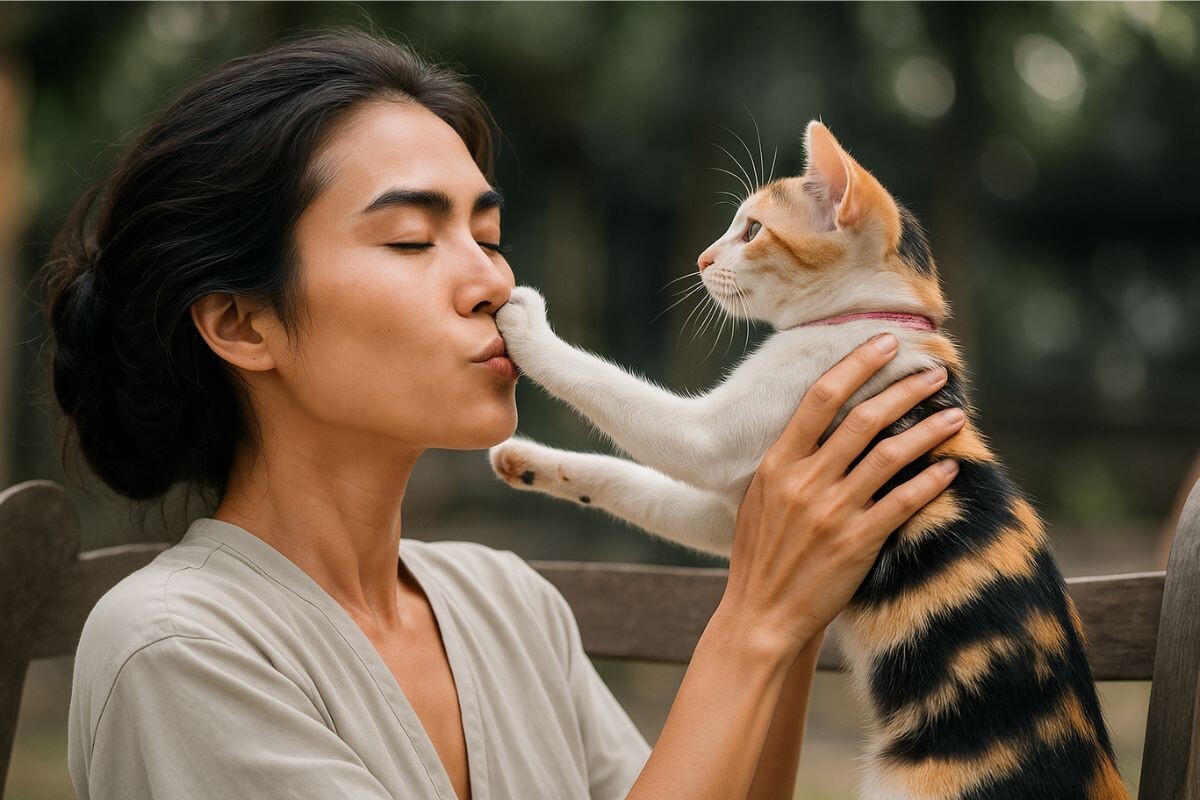 Кошка трогает лапой лицо
