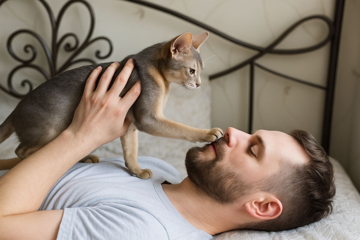 Кошка трогает лапой лицо хозяина 