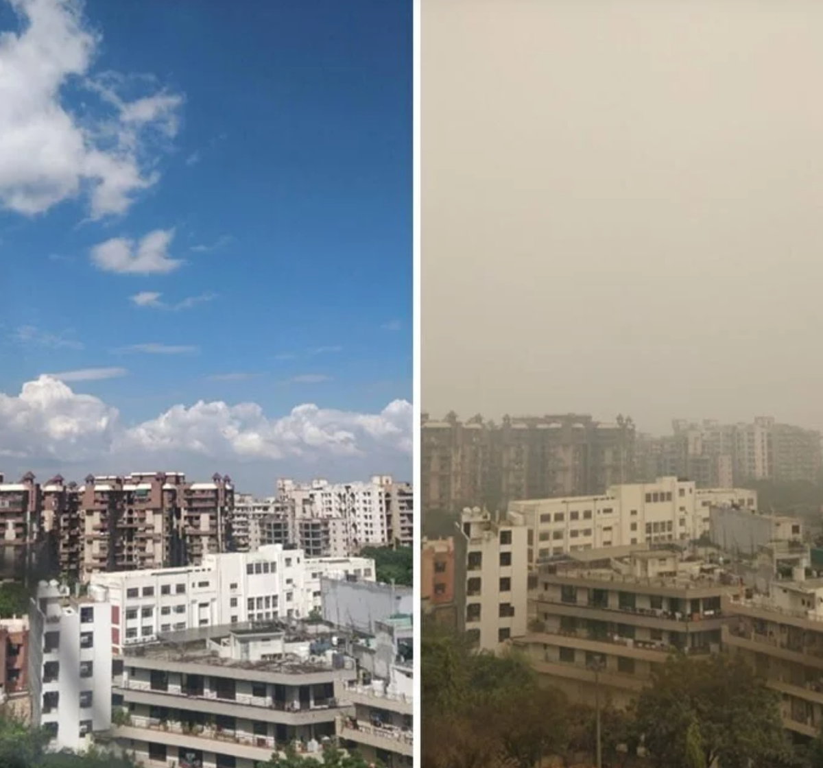 1. Нью-Дели, Индия. Фото слева во время пандемии коронавируса, справа - после