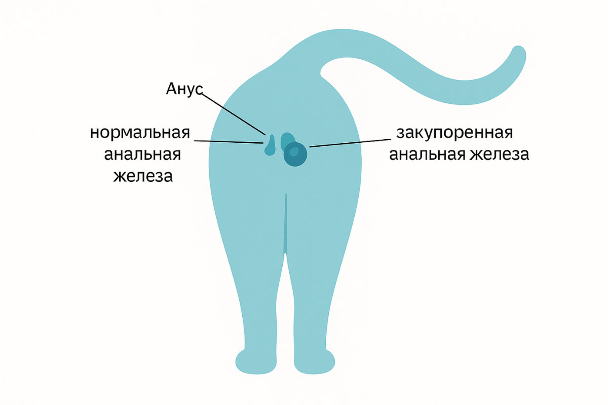Иллюстрация анальных желез у кошки: нормальная и закупоренная