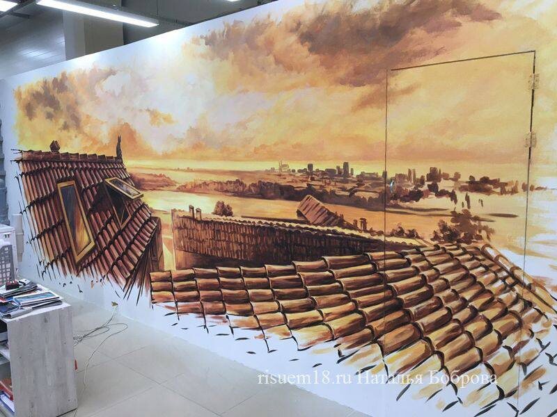 Роспись стены + роспись двери. ТЦ Азбука ремонта, Ижевск. Художник Наталья Боброва.