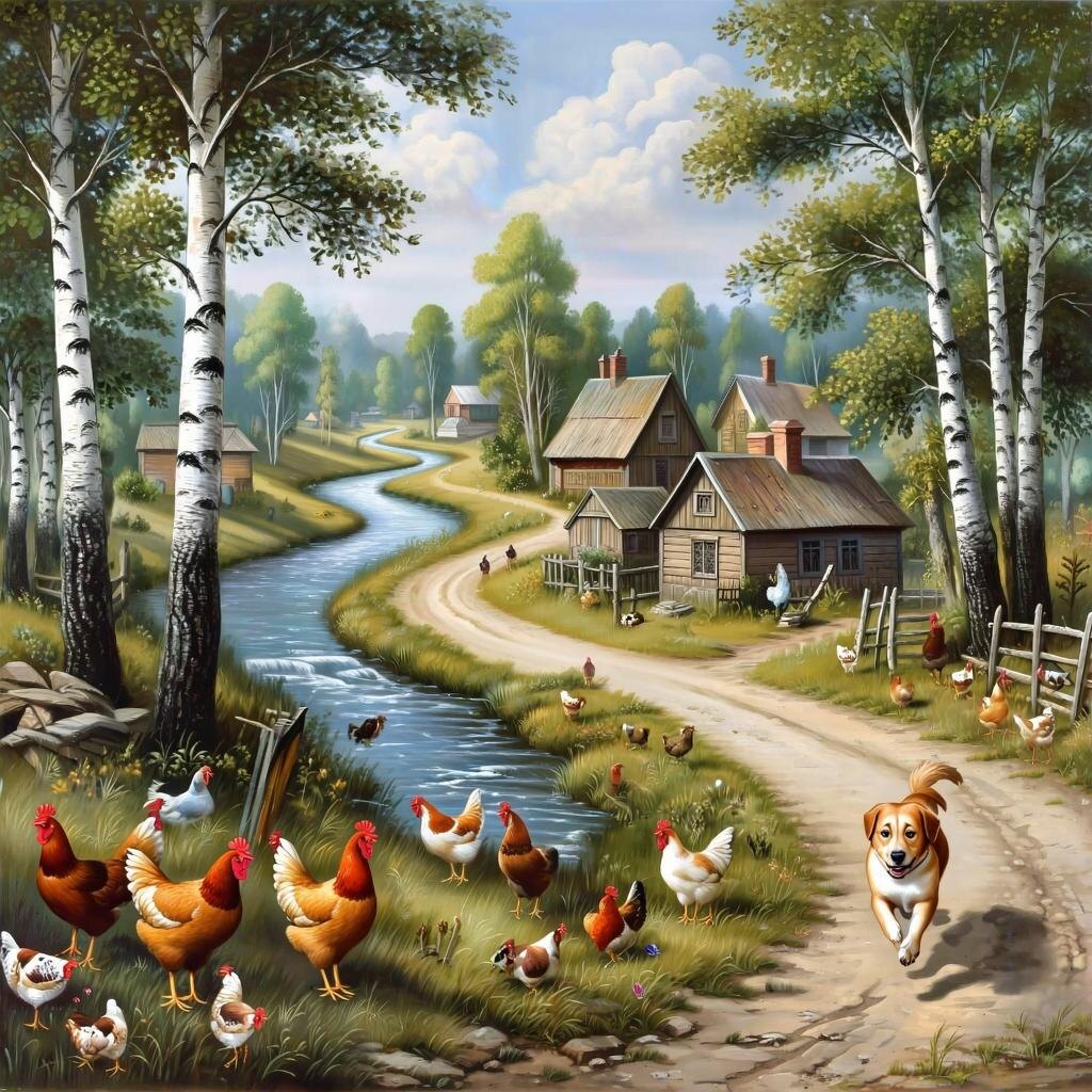 Собака и куры в деревне