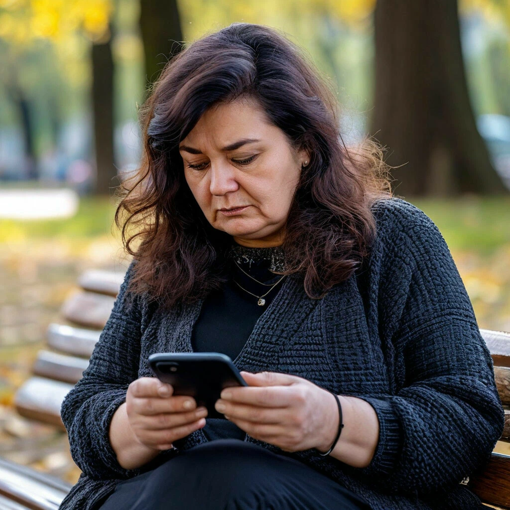 Женщина пухленькая, брюнетка, 60 лет волнуясь,ищет что-то в смартфоне, сидя в парке,на скамейке