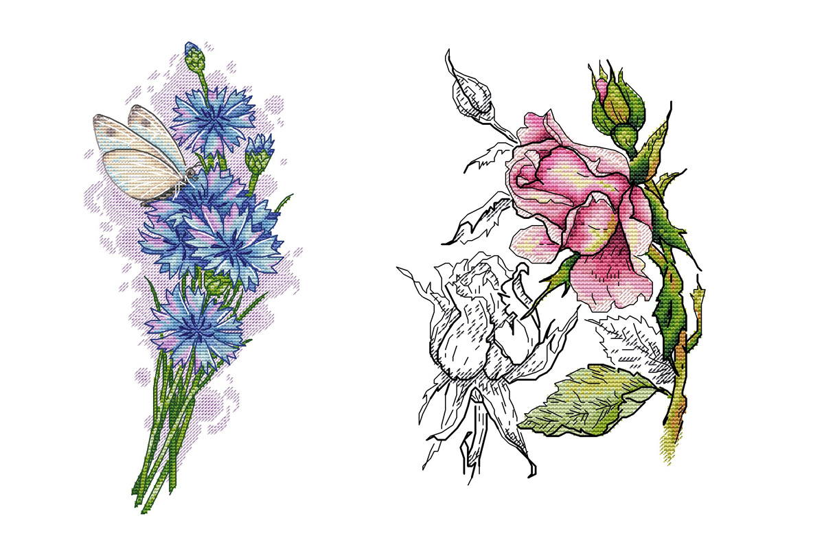 Схемы вышивки крестом "Васильки" и "Роза"