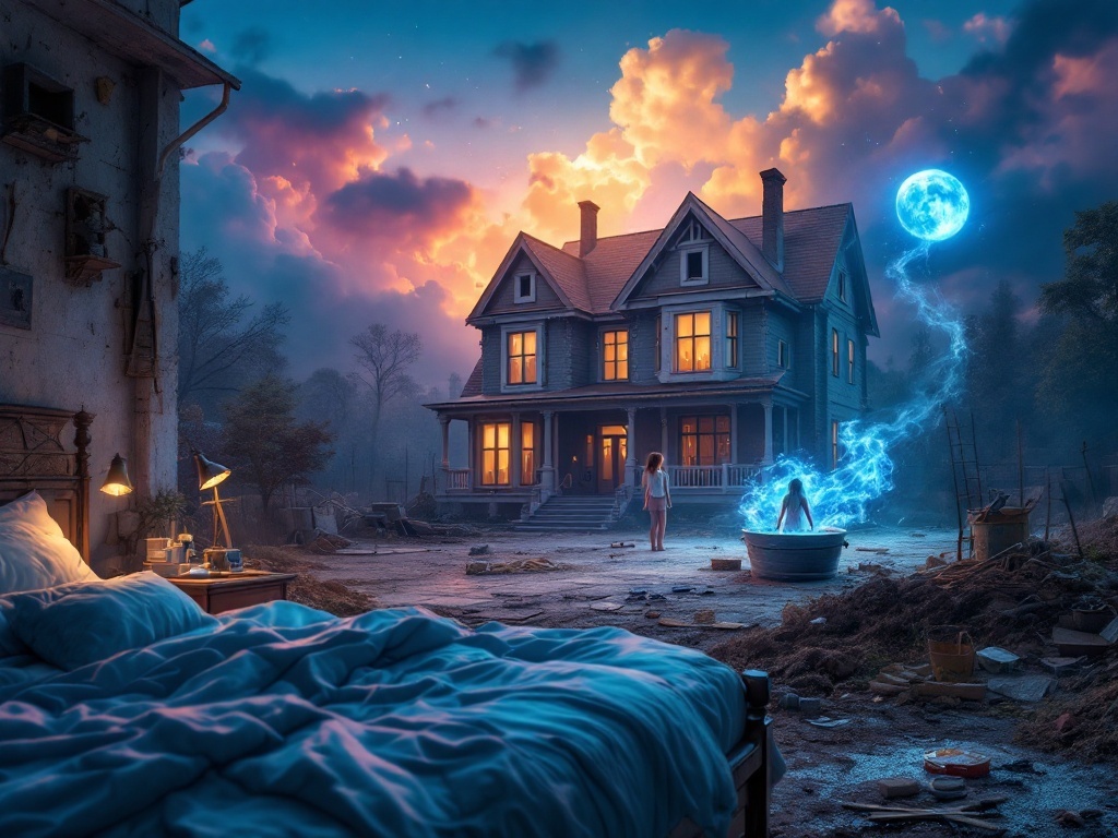    К чему такое снится: На картине изображена женщина, стоящая возле ведра, под которым что-то шевелится. В фоне виден большой дом с видимыми недостатками, вокруг которого рассеян строитель