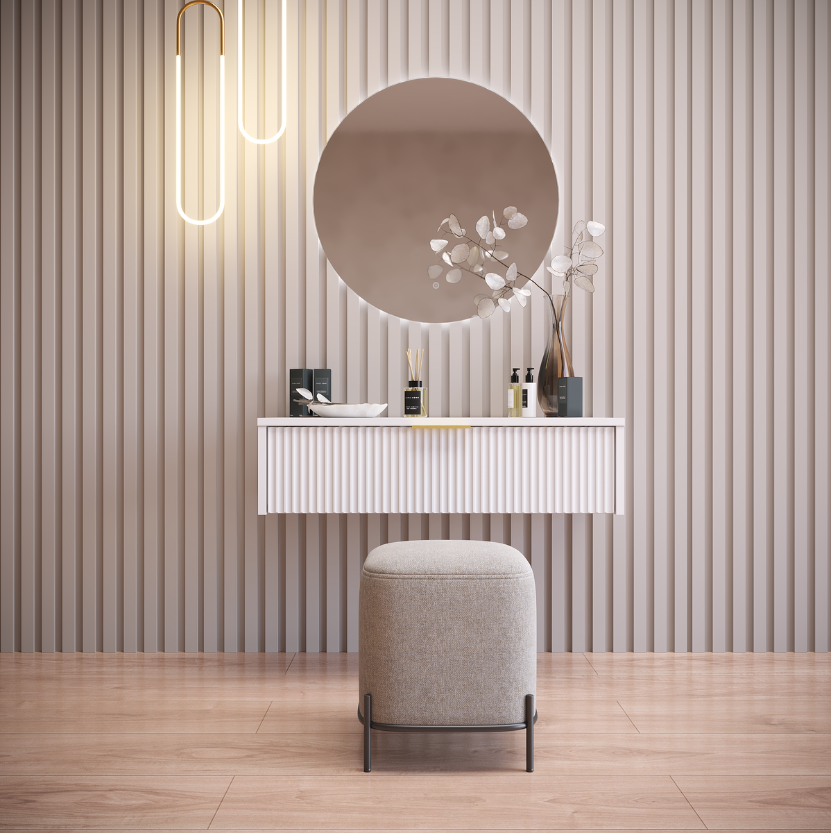 На рендере представлен современный интерьер с подвесной тумбой.
Зеркало: Круглое зеркало, которое закреплено на стене. Оно выполнено в минималистичном стиле и добавляет пространству элегантности.
Столик: Под зеркалом расположен белая тумба с рифленой поверхностью. На ней находятся декоративные элементы: ваза с веткой, несколько флаконов с косметическими средствами и другие аксессуары.
Освещение: Над столиком висит подвесной светильник с двумя лампами в форме трубок, которые излучают мягкий свет. Светильник выполнен в современном стиле и добавляет интерьеру уюта.
Пуф: Перед столиком стоит серый пуф с мягкой обивкой. Его минималистичный дизайн гармонично вписывается в общий стиль помещения.
Фон: Стена выполнена в светлых тонах с вертикальными рейками, что создает ощущение простора и легкости. Пол выполнен из светлого дерева, что добавляет тепла в интерьер.
Этот интерьер выглядит стильно и функционально, идеально подходит для спальни,гостиной или зоны ухода за собой